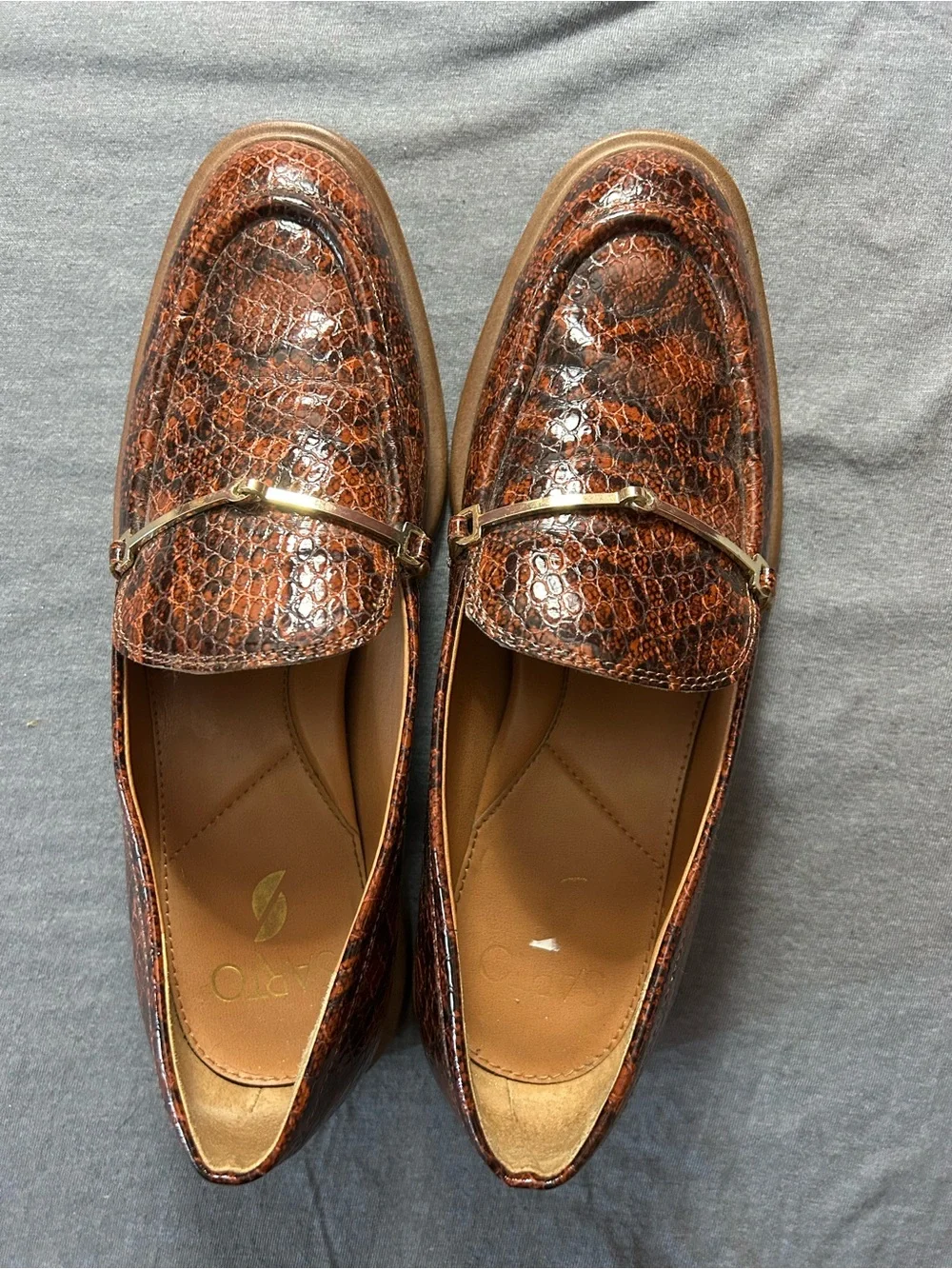 Franco Sarto Brown Snake-Print Loafers with Gold Accent